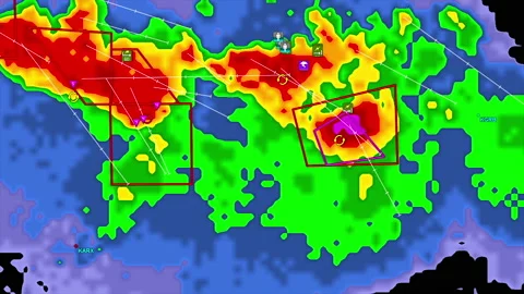 Severe storms with tornado warning and lightning on severe weather radar screen Stock Footage 158002248