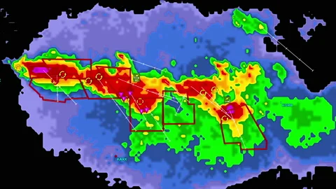Severe storms with tornado warning and lightning on severe weather radar screen Stock Footage 158003381