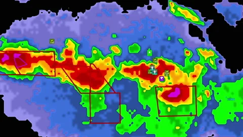 Severe storms with tornado warning and lightning on severe weather radar screen Stock Footage 158005219