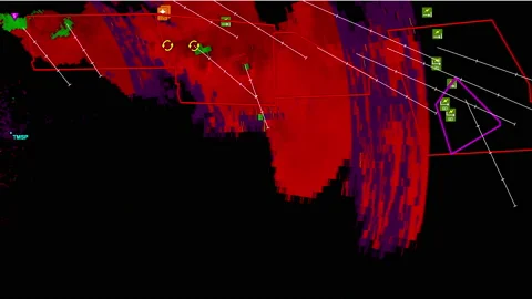 Severe storms with tornado warning and lightning on severe weather radar screen Stock Footage 158007366