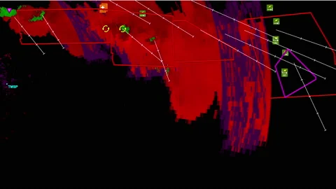 Severe storms with tornado warning and lightning on severe weather radar screen Stock Footage 158007644