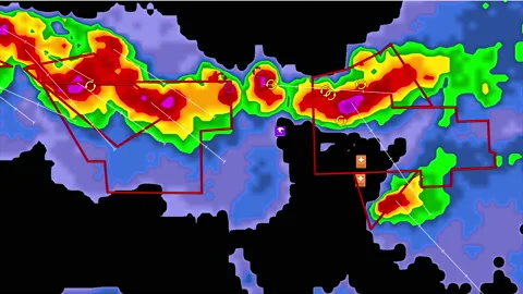 Severe storms with tornado warning and lightning on severe weather radar screen Stock Footage 158008586