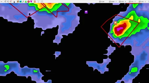 Severe storms with tornado warning and lightning on severe weather radar screen Stock Footage 158008696
