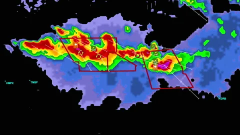 Severe storms with tornado warning and lightning on severe weather radar screen Vídeo Stock 158012315