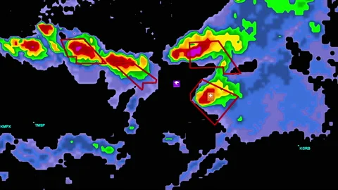 Severe storms with tornado warning and lightning on severe weather radar screen Vídeo Stock 158020803