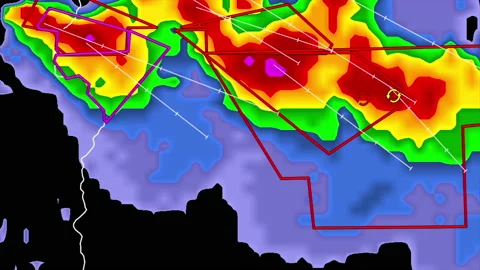 Severe storms with tornado warning and lightning on severe weather radar screen Vídeo Stock 158027365