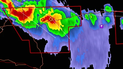 Severe storms with tornado warning and lightning on severe weather radar screen Vídeo Stock 158028076