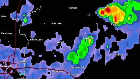 Severe storms with tornado warning and lightning on severe weather radar screen Vídeo Stock 158031202