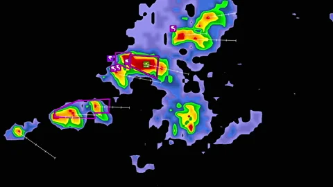 Severe storms with tornado warning and lightning on severe weather radar screen Vídeo Stock 158656745