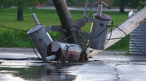 Severe thunder storm and wind damages power lines poles electrical grid Stock Footage 44383159