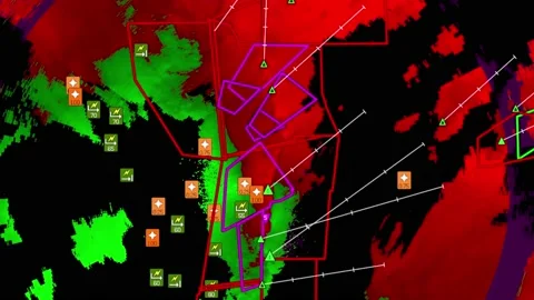 Severe thunderstorm outbreak with tornado warning on weather radar Stock Footage 237324935