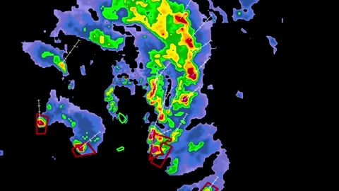 Severe thunderstorm with tornado warning on Doppler weather radar Stock Footage 344599591