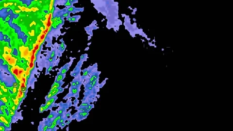 Severe thunderstorm with tornado warning moving across weather radar screen Video stock 173556547