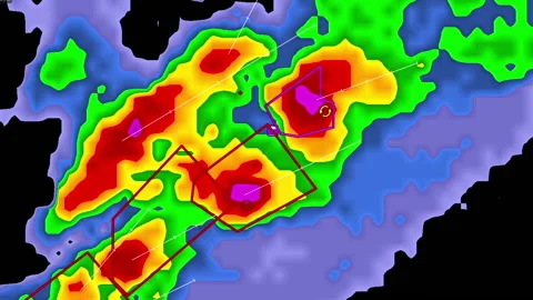 Severe thunderstorm with tornado warning on weather radar screen Stock Footage 153127481