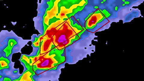 Severe thunderstorm with tornado warning on weather radar screen Stock-Footage 153128059