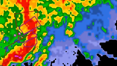Severe thunderstorms with tornado on Doppler weather radar screen Stock Footage 128257943