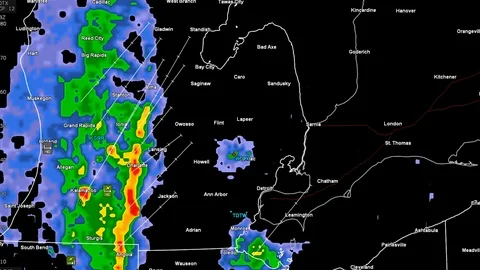 Severe thunderstorms with tornado risk as seen on weather radar Stock Footage 103977356