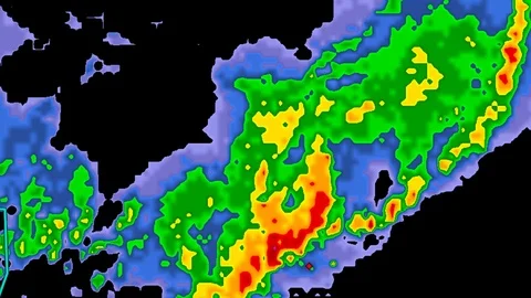 Severe thunderstorms with tornado risk as seen on weather radar Stock Footage 103998105