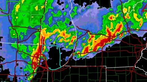 Severe thunderstorms with tornado risk as seen on weather radar Stock Footage 104009396