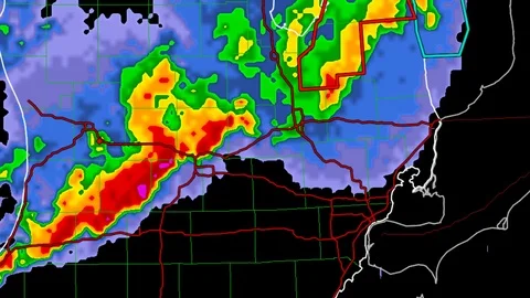 Severe thunderstorms with tornado risk as seen on weather radar Stock Footage 104010468