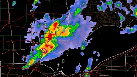 Severe thunderstorms with tornado risk as seen on weather radar Stock Footage 104012397