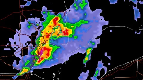 Severe thunderstorms with tornado risk as seen on weather radar Video stock 104016896