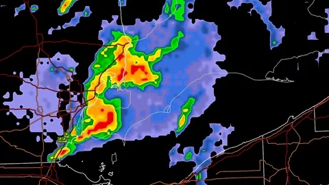 Severe thunderstorms with tornado risk as seen on weather radar Stock Footage 104018747