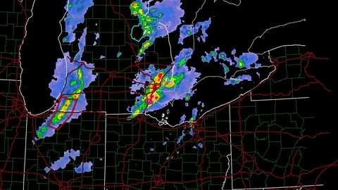 Severe thunderstorms with tornado risk as seen on weather radar Stock Footage 104019314