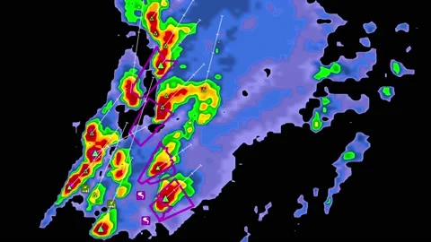 Severe thunderstorms with tornado warning on Doppler weather radar screen Video stock 172264955