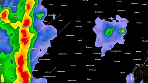Severe thunderstorms with tornado warning on doppler weather radar screen Stock Footage 300925998