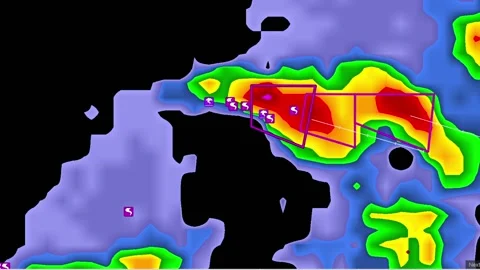 Severe Thunderstorms with tornado warning on severe weather radar screen 스톡 동영상 158589635
