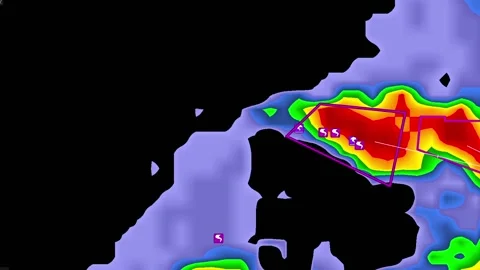 Severe Thunderstorms with tornado warning on severe weather radar screen Vídeo Stock 158589696