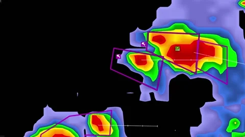 Severe Thunderstorms with tornado warning on severe weather radar screen Vídeo Stock 158589705