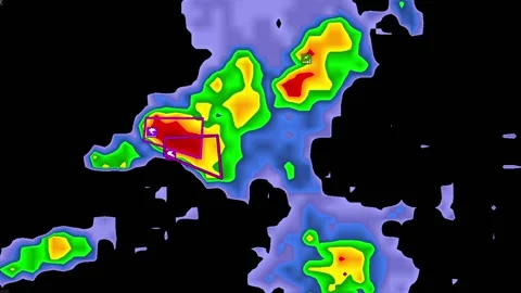 Severe Thunderstorms with tornado warning on severe weather radar screen Vídeo Stock 158589783