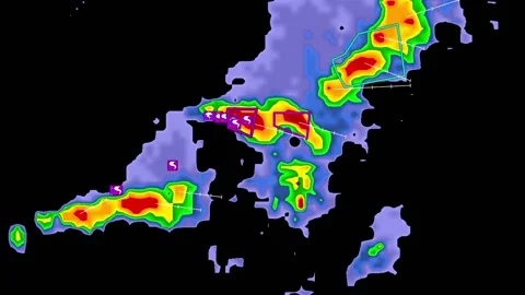 Severe Thunderstorms with tornado warning on weather radar screen Vídeo Stock 158589546
