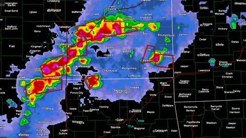 Severe thunderstorms with tornado warnings in Kansas on weather radar screen Stock Footage 89783782