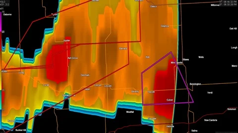 Severe thunderstorms with tornado warnings on weather radar screen Stock Footage 89221201
