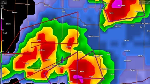 Severe thunderstorms with tornado warnings on weather radar screen Stock Footage 89223463