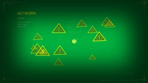 SEVERED status firing core node pulsing packets, triangles circling showing loss Stock Footage 334118739