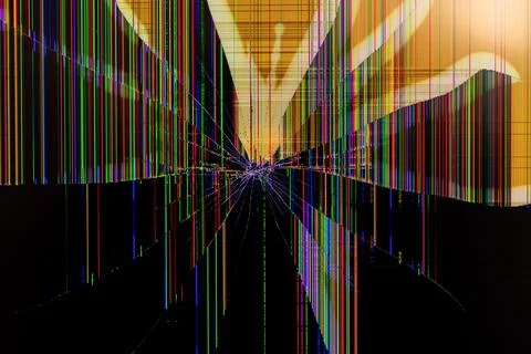 Severely broken electronic screen displaying colorful vertical pixel lines .. Stock Photos