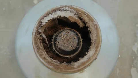 Severely Clogged HVAC Inline Fan With Dust Buildup Reducing Indoor Airflow Stock Footage 340820601