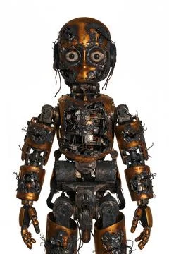 A severely damaged humanoid robot with a human-like face. Stock Photos