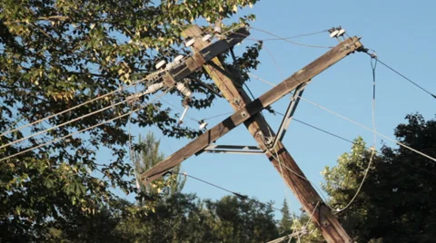 Severely Leaning, Damaged Power Pole Stock Footage 33775337