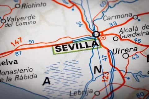 Sevilla on a road map Foto stock