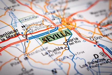 Sevilla on a road map Stock Photos