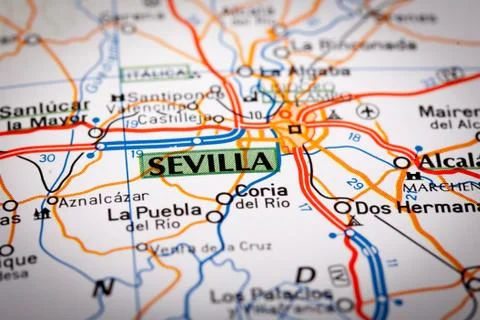 Sevilla on a road map Stock Photos