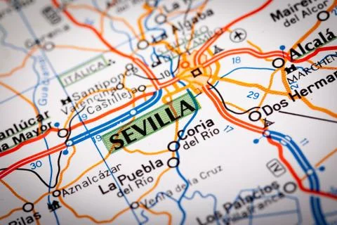 Sevilla on a road map Stock Photos
