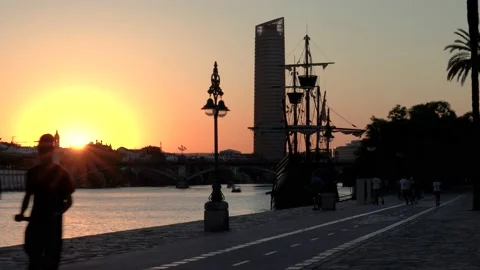 Seville riverside during sunset Stock Footage 159175299
