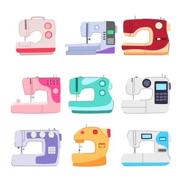 Sew machine set cartoon vector illustration Stock Illustration