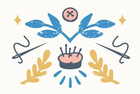 Sew, vintage elements, and sewing tools in stamp style. Vintage vector Stock Illustration